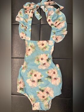 Blue Floral Halter One-Piece Bodysuit for Kids